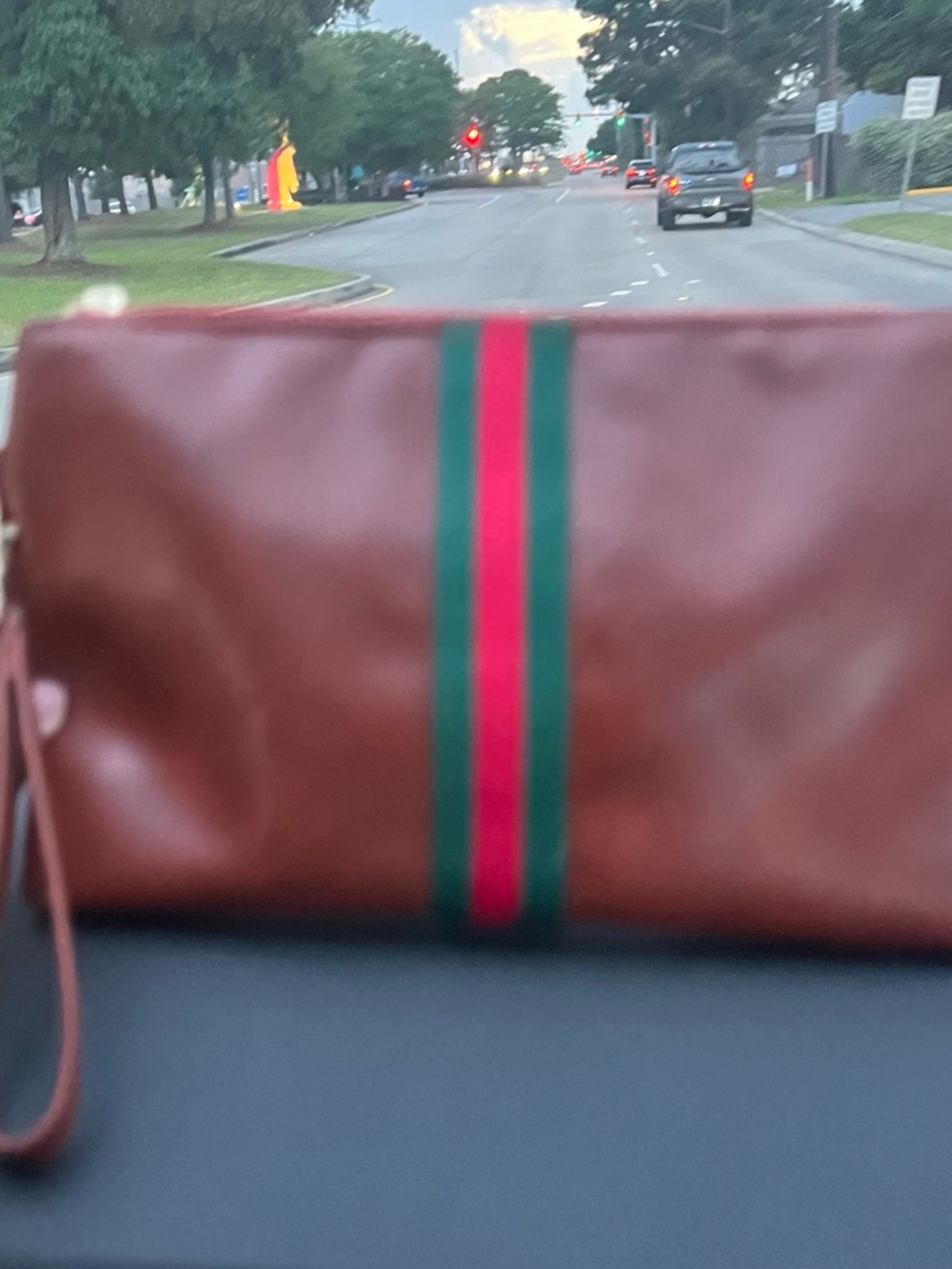Brown Leather Wristlet with Green and Red Center Stripe Wrist Strap